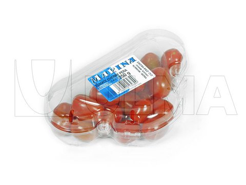 Cherry tomatoes packaging in tray with reclosable lid