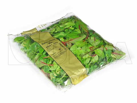 Conditionnement de feuilles d'épinard et de roquette en sachet sous Atmosphère Modifiée (MAP) et film BOPP sur une ensacheuse verticale VFFS