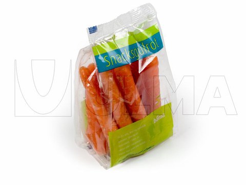 Conditionnement de mini carottes sur une ensacheuse verticale en sachet à fond stable avec soudure des 4 côtés