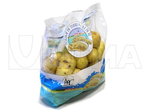 Conditionnement hygiénique de Pommes de Terre en sachet à fond stable.Conditionnement de pommes de terre en sachet coussin sur une ensacheuse verticale (VFFS)