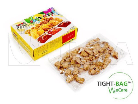 Emballage de nuggets surgelés de poulet avec système Tight-bag sur machine verticale