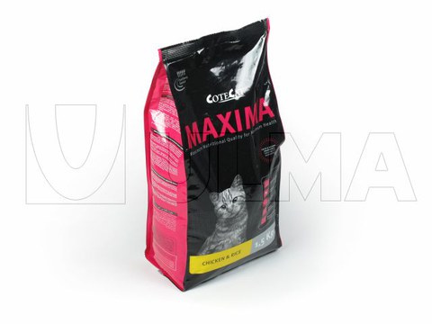 Conditionnement de croquettes pour chat en sachet à fond plat avec 4 soudures verticales