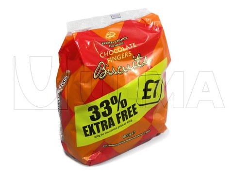 Conditionnement de biscuits au chocolat en sachet à fond plat et film BOPP.