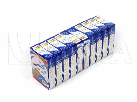 Conditionnement multipack de boites de détergent en poudre avec film rétractable polyoléfine.