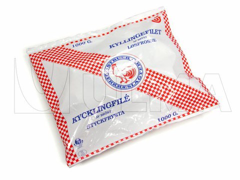 Conditionnement de filets de poulet congelés en sachet sur une enveloppeuse verticale (VFFS)