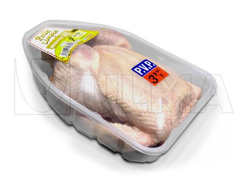 Conditionnement de poulet entier en barquette operculée sous atmosphère modifiée (MAP)