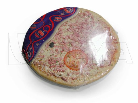 Verse pizza verpakt op flow pack machine (hffs) onder MAP