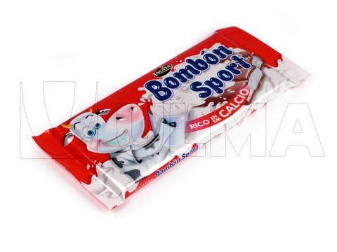 Chocoladereep verpakt in flow pack wrapper (HFFS).