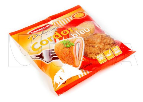 Bevroren kipfilets en hamburgers in Flowpack (VFFS) in gelamineerde folie.